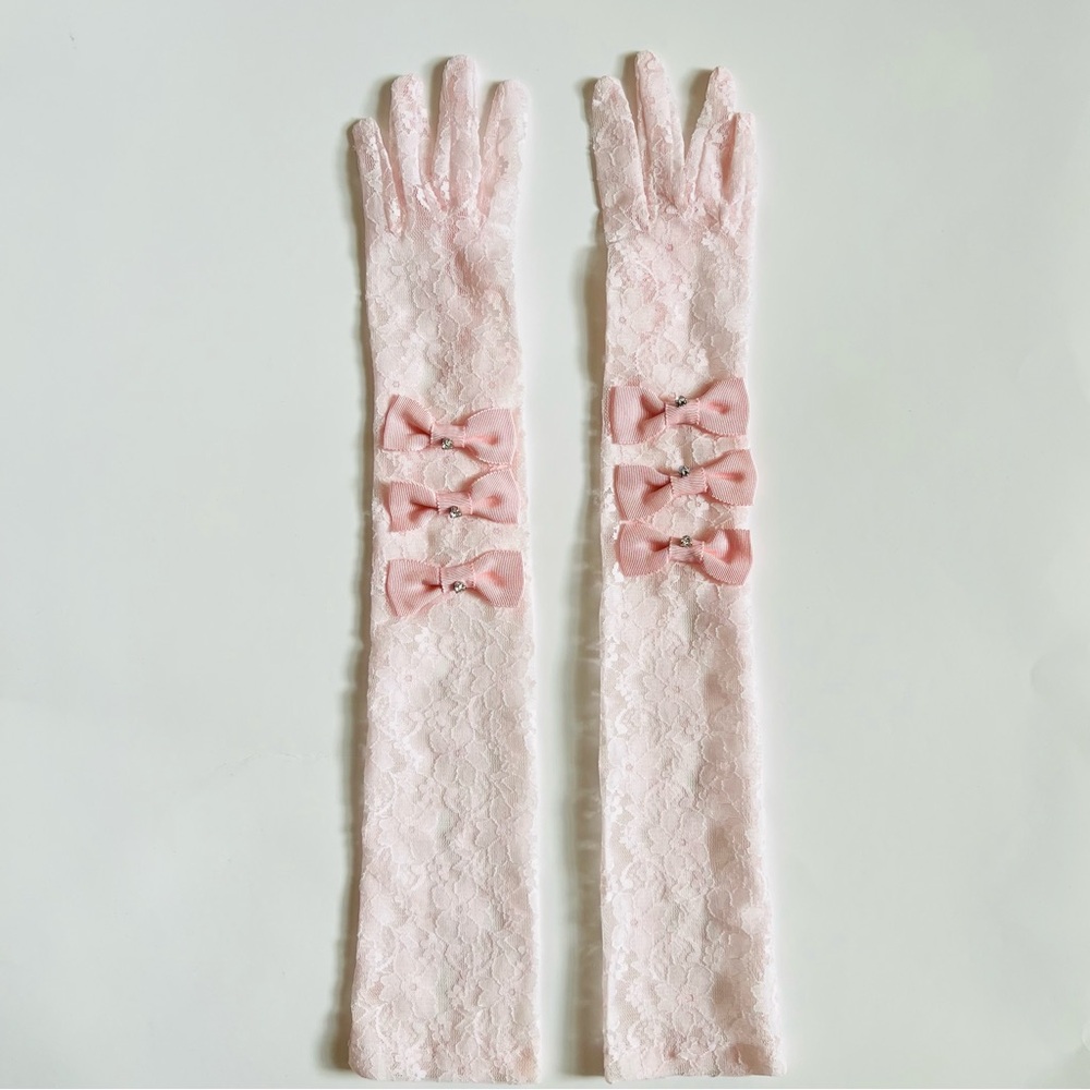 ✨ Princess Pink Lace Gloves with Triple Ribbons and Heart Sparkles
